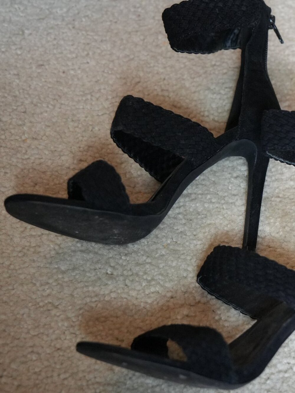 Olivia Jaymes Black Braided Multi Strap Stiletto Heels Ankle Zip Sandals Size 9